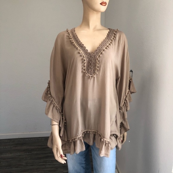 BALI QUEEN relax blouse V-neck tunic, boho tan - Picture 2 of 12